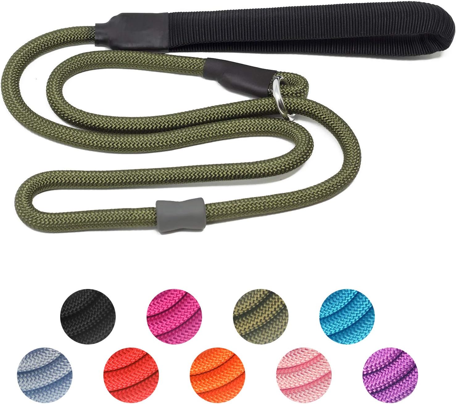 Strong Slip Rope Dog Training Leash (4ft) - Heavy Duty Durable Braided Nylon Lead with Rubber Stopper & Padded Handle, Large Medium Small Dogs Durable No Pull Walk Leash (Army Green, 1/2" x 4ft)