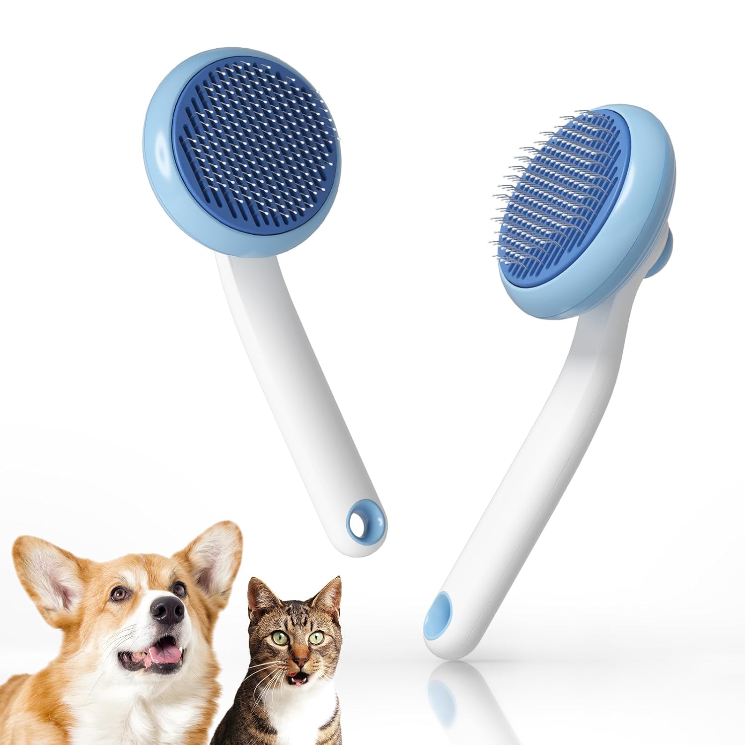 Cat and Dog Grooming Self-Cleaning Comb 2-Piece Set - Removes Tangles and Undercoat (Blue)
